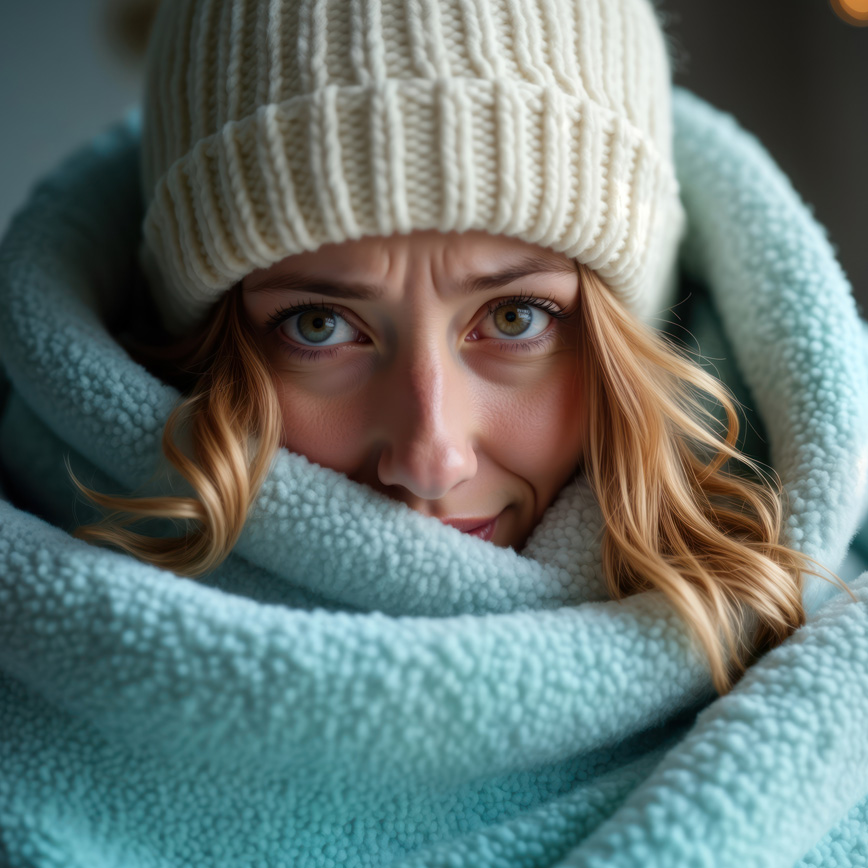 boiler repair in norwich - woman wrapped up in a blanket with a wolly hat on.