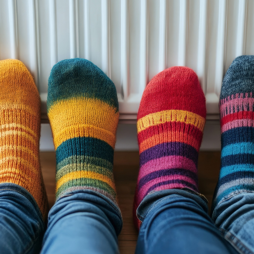 Gas Appliance servicing, Norwich - two sets of feet in cosy knitted socks touching a radiator